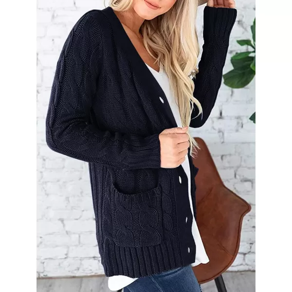 PRETTYGARDEN Womens Open Front Cardigan Sweaters Fashion Button Down Cable Knit Chunky Outwear CoatsNavy