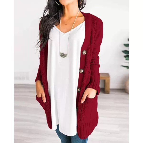 PRETTYGARDEN Womens Open Front Cardigan Sweaters Fashion Button Down Cable Knit Chunky Outwear CoatsWine Red