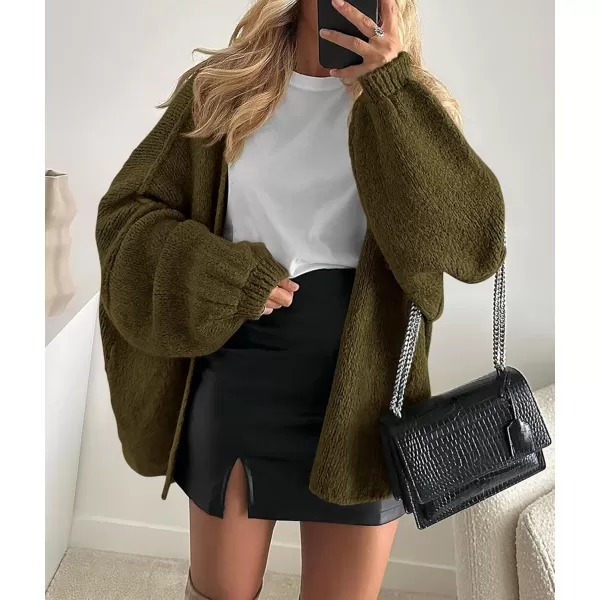 PRETTYGARDEN Womens Oversized Cardigan Sweaters 2024 Fall Long Lantern Sleeve Knit Open Front Lightweight SweaterArmy Green