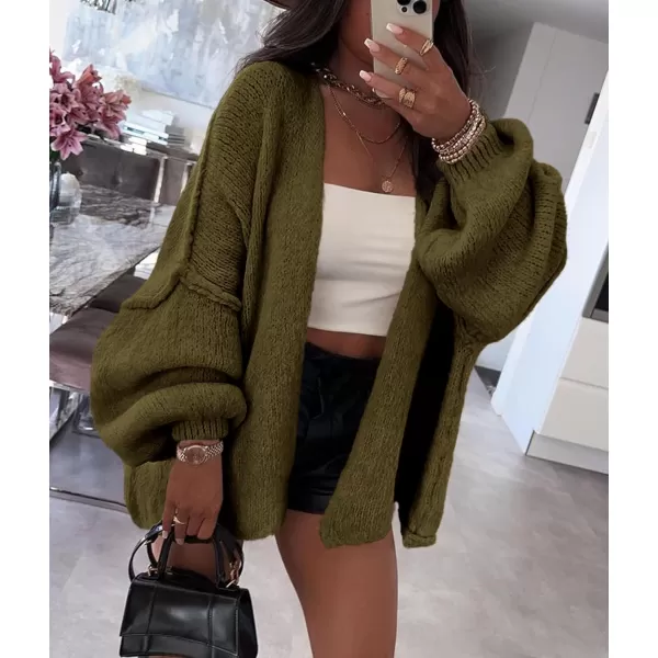 PRETTYGARDEN Womens Oversized Cardigan Sweaters 2024 Fall Long Lantern Sleeve Knit Open Front Lightweight SweaterArmy Green