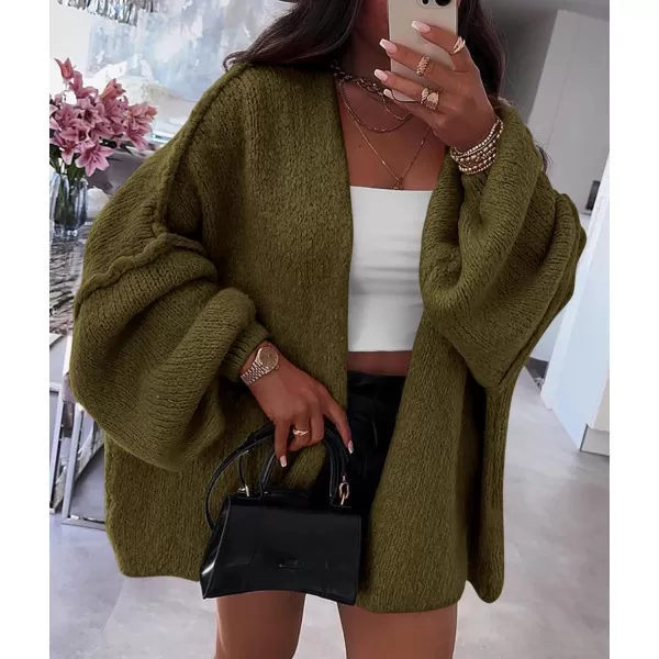 PRETTYGARDEN Womens Oversized Cardigan Sweaters 2024 Fall Long Lantern Sleeve Knit Open Front Lightweight SweaterArmy Green