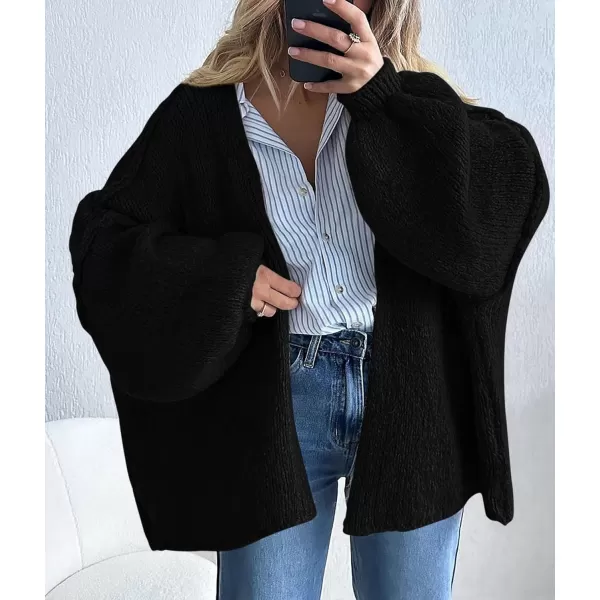 PRETTYGARDEN Womens Oversized Cardigan Sweaters 2024 Fall Long Lantern Sleeve Knit Open Front Lightweight SweaterBlack