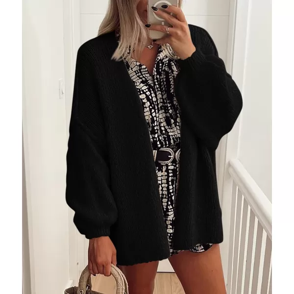 PRETTYGARDEN Womens Oversized Cardigan Sweaters 2024 Fall Long Lantern Sleeve Knit Open Front Lightweight SweaterBlack