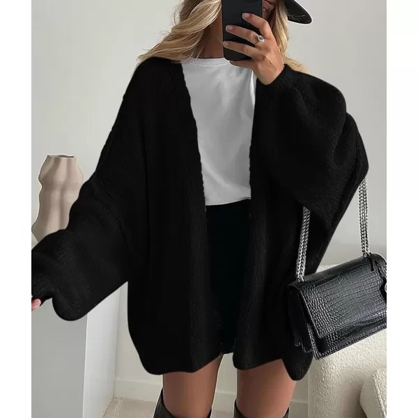 PRETTYGARDEN Womens Oversized Cardigan Sweaters 2024 Fall Long Lantern Sleeve Knit Open Front Lightweight SweaterBlack
