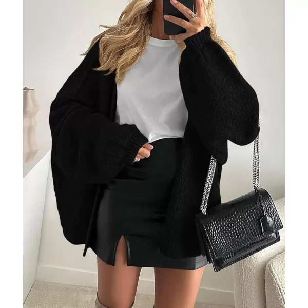 PRETTYGARDEN Womens Oversized Cardigan Sweaters 2024 Fall Long Lantern Sleeve Knit Open Front Lightweight SweaterBlack