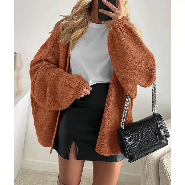 PRETTYGARDEN Womens Oversized Cardigan Sweaters 2024 Fall Long Lantern Sleeve Knit Open Front Lightweight SweaterBrick Red