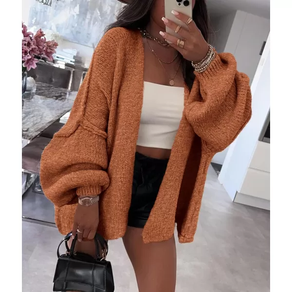 PRETTYGARDEN Womens Oversized Cardigan Sweaters 2024 Fall Long Lantern Sleeve Knit Open Front Lightweight SweaterBrick Red