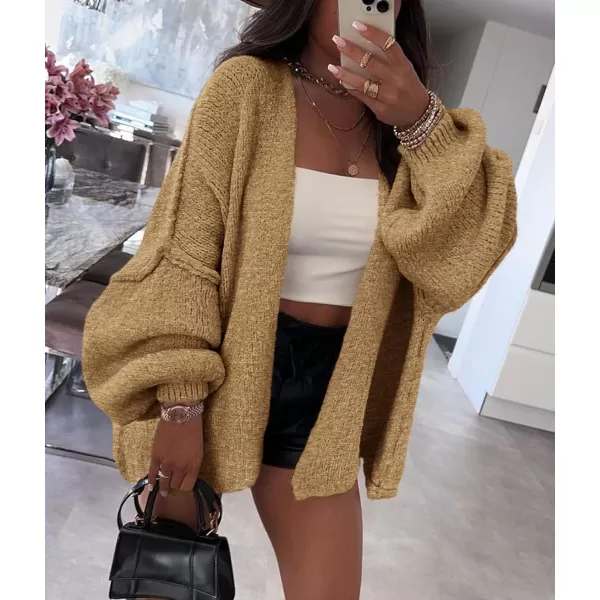 PRETTYGARDEN Womens Oversized Cardigan Sweaters 2024 Fall Long Lantern Sleeve Knit Open Front Lightweight SweaterCamel