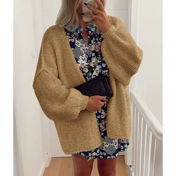PRETTYGARDEN Womens Oversized Cardigan Sweaters 2024 Fall Long Lantern Sleeve Knit Open Front Lightweight SweaterCamel