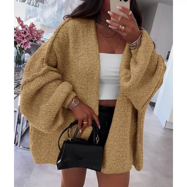 PRETTYGARDEN Womens Oversized Cardigan Sweaters 2024 Fall Long Lantern Sleeve Knit Open Front Lightweight SweaterCamel