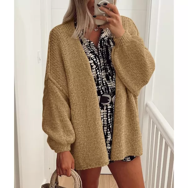 PRETTYGARDEN Womens Oversized Cardigan Sweaters 2024 Fall Long Lantern Sleeve Knit Open Front Lightweight SweaterCamel