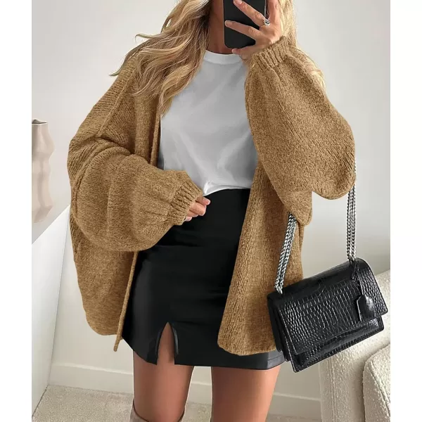 PRETTYGARDEN Womens Oversized Cardigan Sweaters 2024 Fall Long Lantern Sleeve Knit Open Front Lightweight SweaterCamel