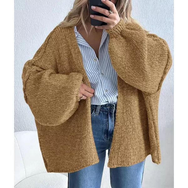 PRETTYGARDEN Womens Oversized Cardigan Sweaters 2024 Fall Long Lantern Sleeve Knit Open Front Lightweight SweaterCamel