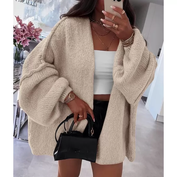 PRETTYGARDEN Womens Oversized Cardigan Sweaters 2024 Fall Long Lantern Sleeve Knit Open Front Lightweight SweaterGrey Beige