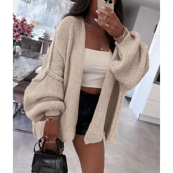 PRETTYGARDEN Womens Oversized Cardigan Sweaters 2024 Fall Long Lantern Sleeve Knit Open Front Lightweight SweaterGrey Beige