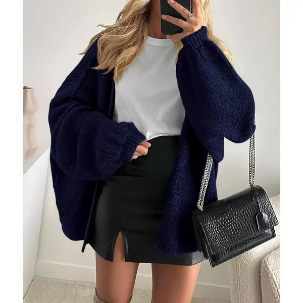 PRETTYGARDEN Womens Oversized Cardigan Sweaters 2024 Fall Long Lantern Sleeve Knit Open Front Lightweight SweaterNavy