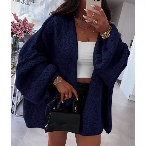 PRETTYGARDEN Womens Oversized Cardigan Sweaters 2024 Fall Long Lantern Sleeve Knit Open Front Lightweight SweaterNavy