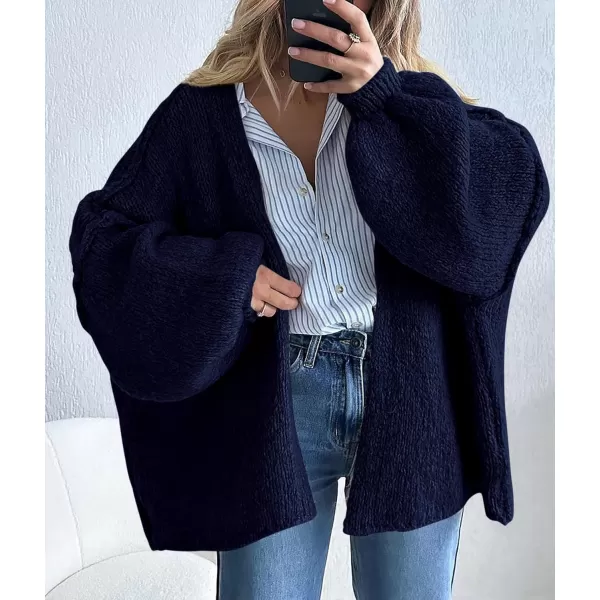 PRETTYGARDEN Womens Oversized Cardigan Sweaters 2024 Fall Long Lantern Sleeve Knit Open Front Lightweight SweaterNavy