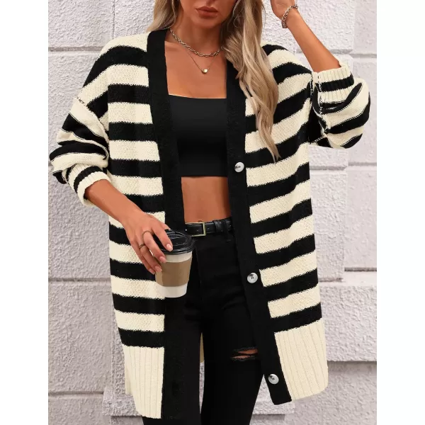 PRETTYGARDEN Womens Striped Cardigan Sweaters Long Sleeve Button Down Chunky Knit Oversized Fall Sweater CoatStriped Beige Black