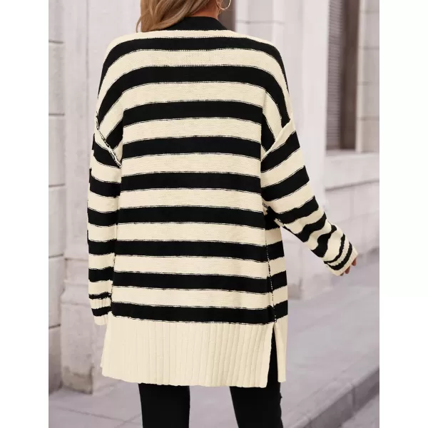 PRETTYGARDEN Womens Striped Cardigan Sweaters Long Sleeve Button Down Chunky Knit Oversized Fall Sweater CoatStriped Beige Black