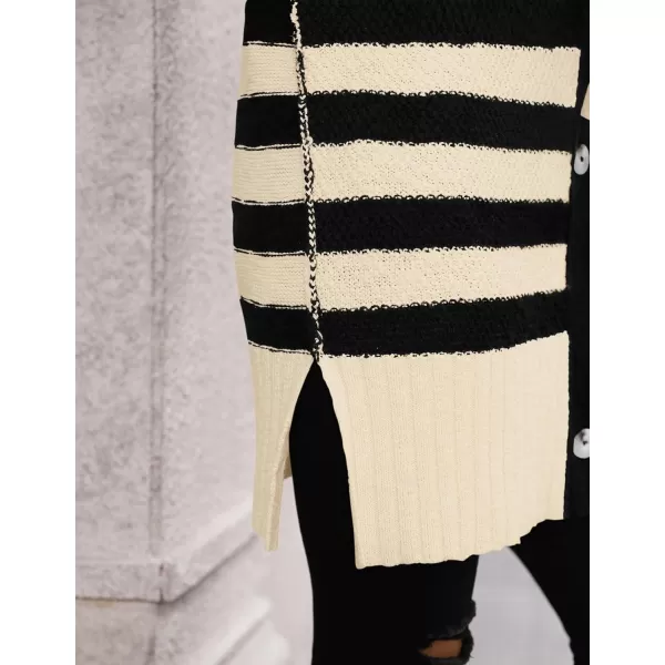 PRETTYGARDEN Womens Striped Cardigan Sweaters Long Sleeve Button Down Chunky Knit Oversized Fall Sweater CoatStriped Beige Black