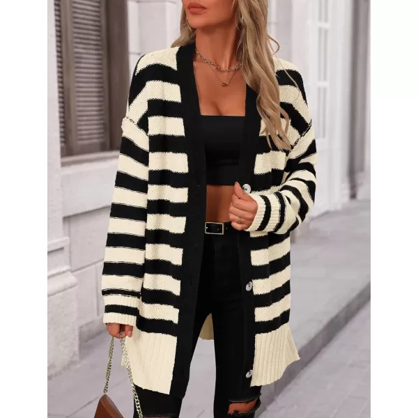 PRETTYGARDEN Womens Striped Cardigan Sweaters Long Sleeve Button Down Chunky Knit Oversized Fall Sweater CoatStriped Beige Black