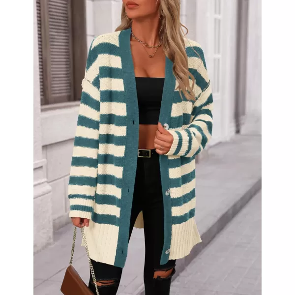 PRETTYGARDEN Womens Striped Cardigan Sweaters Long Sleeve Button Down Chunky Knit Oversized Fall Sweater CoatStriped Beige Blue Green