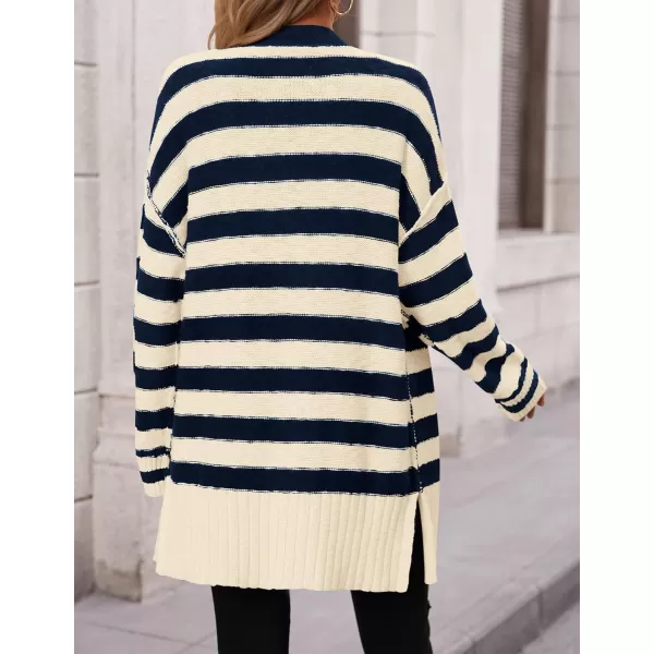 PRETTYGARDEN Womens Striped Cardigan Sweaters Long Sleeve Button Down Chunky Knit Oversized Fall Sweater CoatStriped Beige Navy
