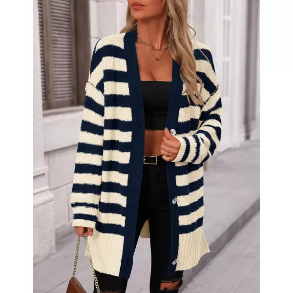 PRETTYGARDEN Womens Striped Cardigan Sweaters Long Sleeve Button Down Chunky Knit Oversized Fall Sweater CoatStriped Beige Navy