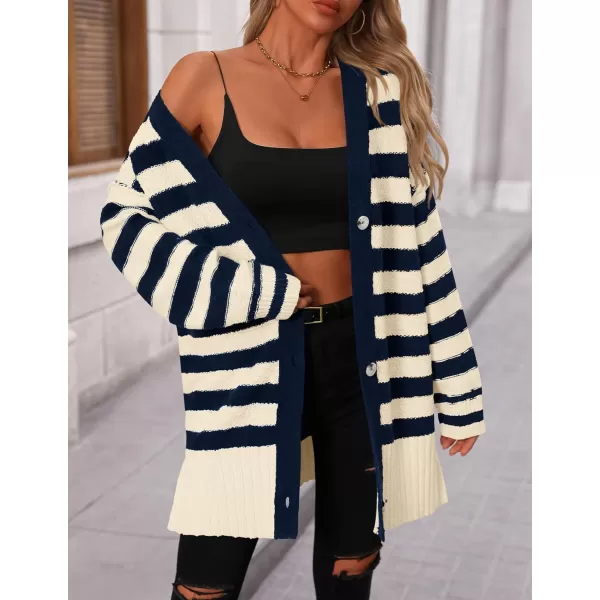 PRETTYGARDEN Womens Striped Cardigan Sweaters Long Sleeve Button Down Chunky Knit Oversized Fall Sweater CoatStriped Beige Navy