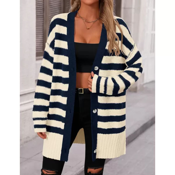 PRETTYGARDEN Womens Striped Cardigan Sweaters Long Sleeve Button Down Chunky Knit Oversized Fall Sweater CoatStriped Beige Navy