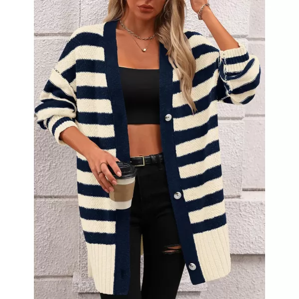 PRETTYGARDEN Womens Striped Cardigan Sweaters Long Sleeve Button Down Chunky Knit Oversized Fall Sweater CoatStriped Beige Navy