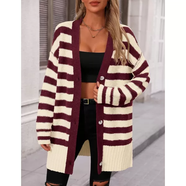 PRETTYGARDEN Womens Striped Cardigan Sweaters Long Sleeve Button Down Chunky Knit Oversized Fall Sweater CoatStriped Beige Wine Red