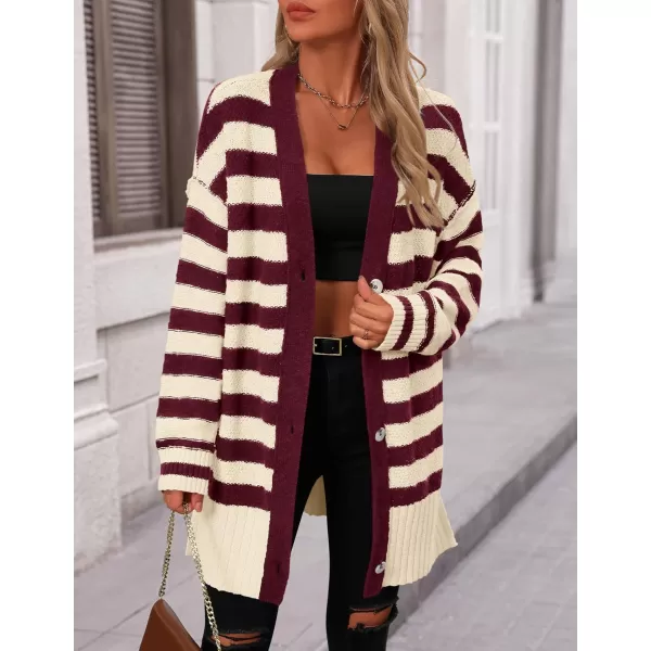 PRETTYGARDEN Womens Striped Cardigan Sweaters Long Sleeve Button Down Chunky Knit Oversized Fall Sweater CoatStriped Beige Wine Red