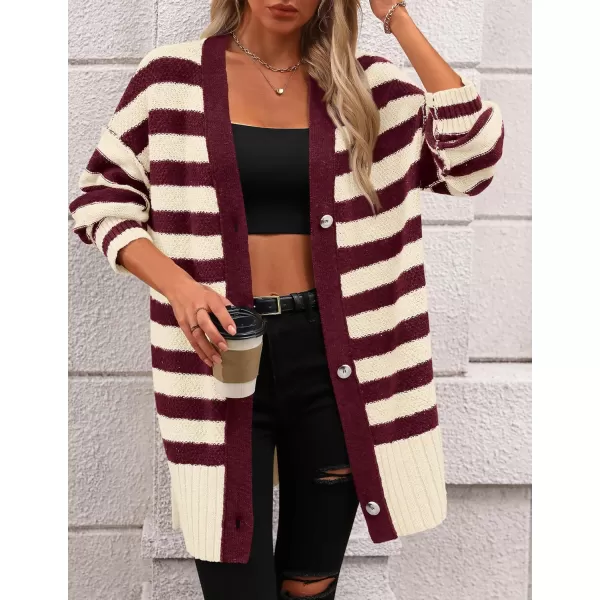 PRETTYGARDEN Womens Striped Cardigan Sweaters Long Sleeve Button Down Chunky Knit Oversized Fall Sweater CoatStriped Beige Wine Red