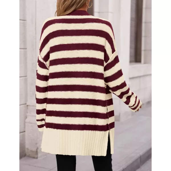 PRETTYGARDEN Womens Striped Cardigan Sweaters Long Sleeve Button Down Chunky Knit Oversized Fall Sweater CoatStriped Beige Wine Red