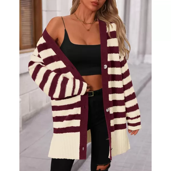 PRETTYGARDEN Womens Striped Cardigan Sweaters Long Sleeve Button Down Chunky Knit Oversized Fall Sweater CoatStriped Beige Wine Red
