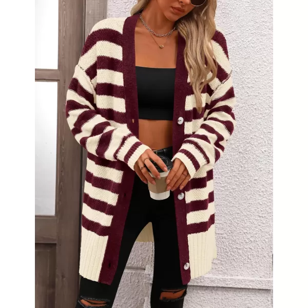 PRETTYGARDEN Womens Striped Cardigan Sweaters Long Sleeve Button Down Chunky Knit Oversized Fall Sweater CoatStriped Beige Wine Red