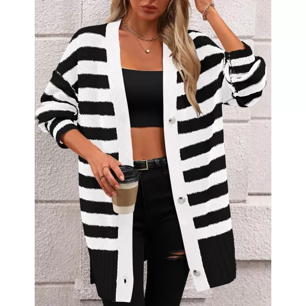 PRETTYGARDEN Womens Striped Cardigan Sweaters Long Sleeve Button Down Chunky Knit Oversized Fall Sweater CoatStriped Black White