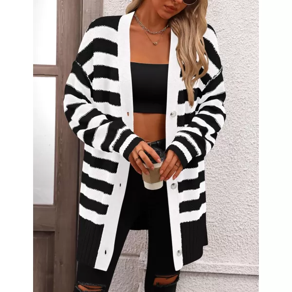 PRETTYGARDEN Womens Striped Cardigan Sweaters Long Sleeve Button Down Chunky Knit Oversized Fall Sweater CoatStriped Black White