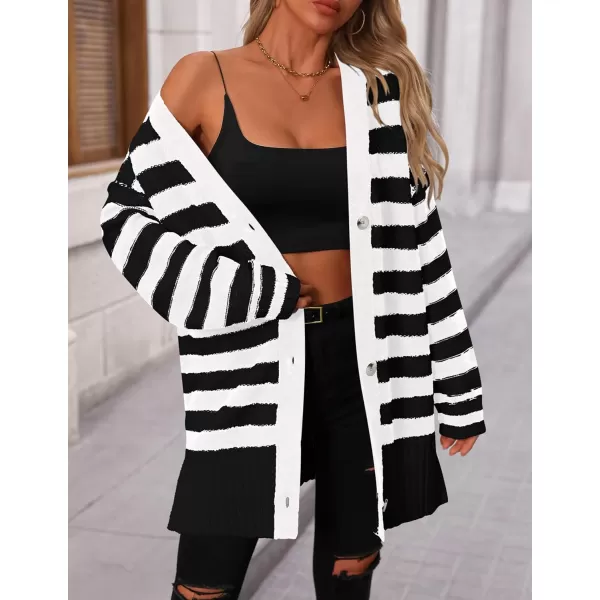 PRETTYGARDEN Womens Striped Cardigan Sweaters Long Sleeve Button Down Chunky Knit Oversized Fall Sweater CoatStriped Black White