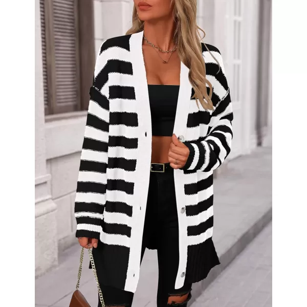 PRETTYGARDEN Womens Striped Cardigan Sweaters Long Sleeve Button Down Chunky Knit Oversized Fall Sweater CoatStriped Black White