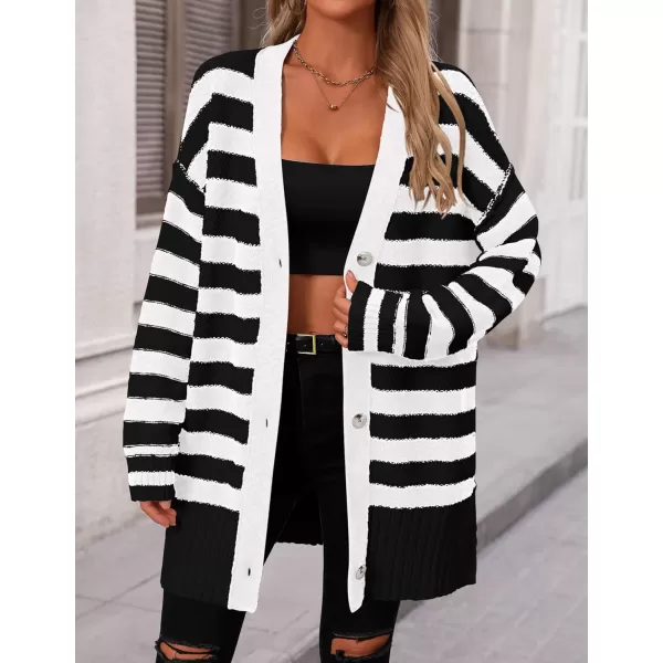 PRETTYGARDEN Womens Striped Cardigan Sweaters Long Sleeve Button Down Chunky Knit Oversized Fall Sweater CoatStriped Black White