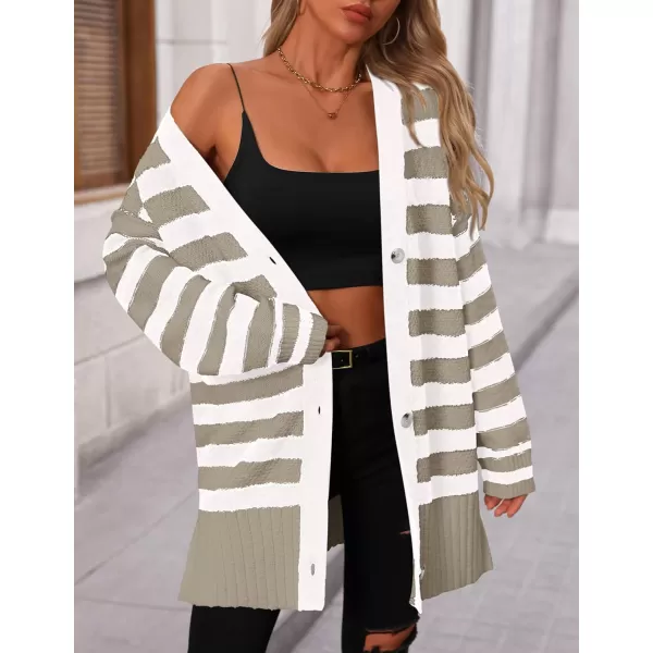 PRETTYGARDEN Womens Striped Cardigan Sweaters Long Sleeve Button Down Chunky Knit Oversized Fall Sweater CoatStriped Grey White
