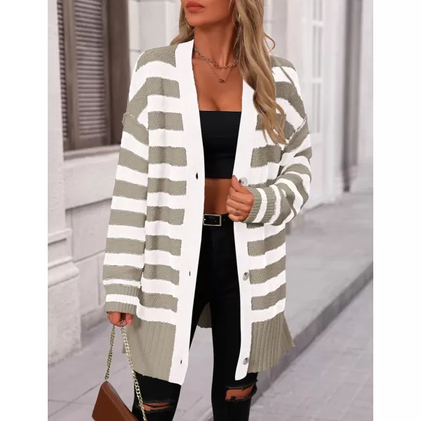 PRETTYGARDEN Womens Striped Cardigan Sweaters Long Sleeve Button Down Chunky Knit Oversized Fall Sweater CoatStriped Grey White