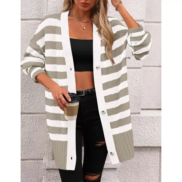 PRETTYGARDEN Womens Striped Cardigan Sweaters Long Sleeve Button Down Chunky Knit Oversized Fall Sweater CoatStriped Grey White