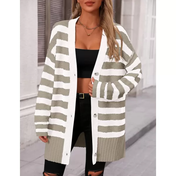 PRETTYGARDEN Womens Striped Cardigan Sweaters Long Sleeve Button Down Chunky Knit Oversized Fall Sweater CoatStriped Grey White