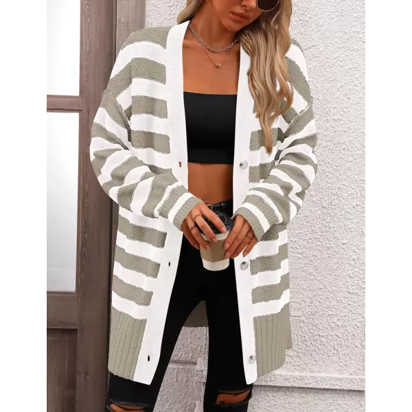 PRETTYGARDEN Womens Striped Cardigan Sweaters Long Sleeve Button Down Chunky Knit Oversized Fall Sweater CoatStriped Grey White