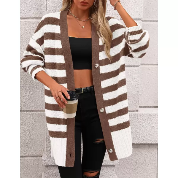 PRETTYGARDEN Womens Striped Cardigan Sweaters Long Sleeve Button Down Chunky Knit Oversized Fall Sweater CoatStriped White Coffee