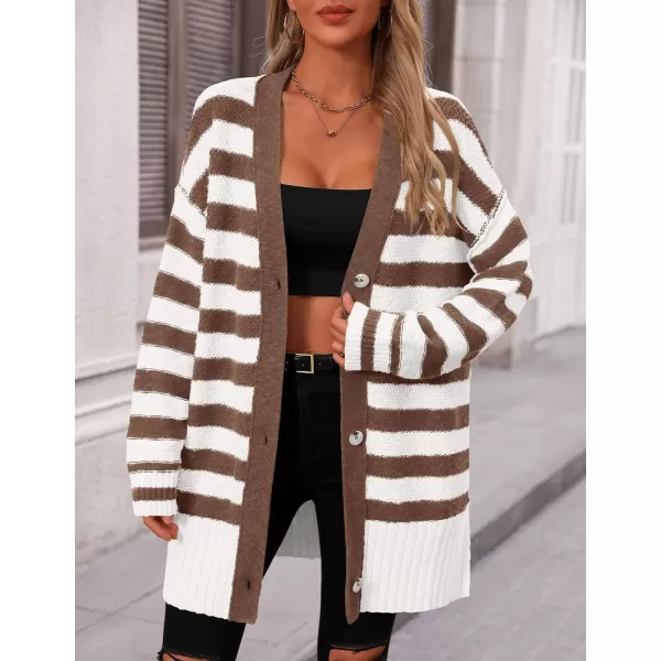 PRETTYGARDEN Womens Striped Cardigan Sweaters Long Sleeve Button Down Chunky Knit Oversized Fall Sweater CoatStriped White Coffee